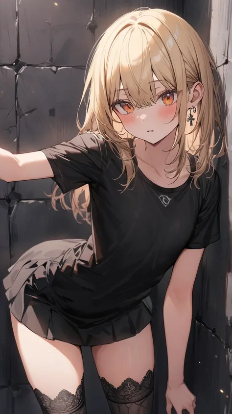 ((True best masterpiece, Ultimately perfect quality, Extremely delicate details)), A slender blonde girl with flat chest, With short straight hair, Wearing a t-shirt, Wearing a short skirt, Black boots, Lace stocking, Standing by the wall, ((T-shirt, Short...