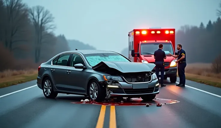 A dramatic roadside scene depicting a serious car accident. A severely crumpled sedan is positioned on the side of a two-lane road, with its front end crushed and shattered glass. Emergency lights flash on an ambulance parked nearby, where paramedics, wear...