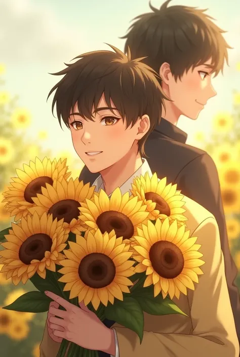 Cute guy holding sunflowers, another man behind anime