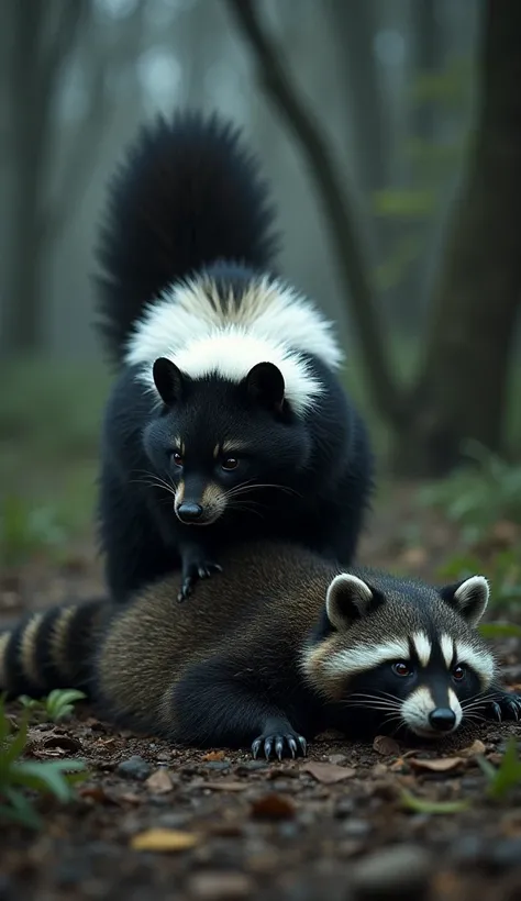 A skunk standing over an unconscious raccoon, the smell of its spray still in the air.
