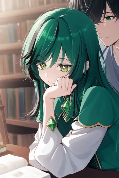 1 man,Shoulder length hair,Black highlights, green on the ends of the hair on the back,Sparkling emerald green eyes, wearing a white long-sleeved shirt,Sit down to read a book at the table.,In the library