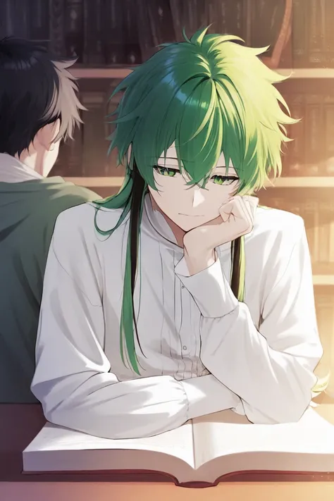 1 man,Shoulder length hair,Black highlights, green on the ends of the hair on the back,Sparkling emerald green eyes, wearing a white long-sleeved shirt,Sit down to read a book at the table.,In the library