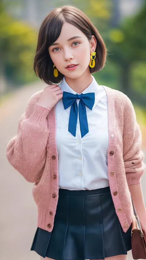 a high school girl with short bob brown hair, yellow-green oval stone earrings, red bow tie, pink cardigan, navy blue ultra-mini skirt, white loose socks, brown leather shoes, photorealistic, detailed facial features, detailed clothing and accessories, int...