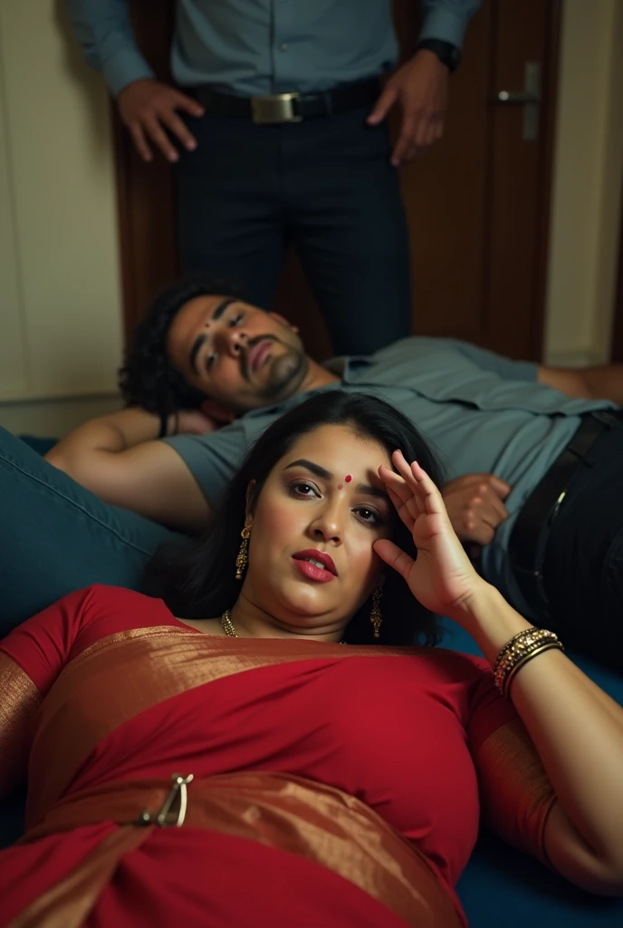 A 25 year old curvy Indian woman wearing a red saree is lying scared on the floor with one hand on her face and the other on her chest and a tall man is lying on top of her and 5-6 men are standing around. .