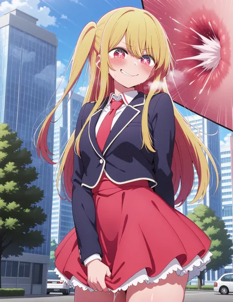 (masterpiece) ,best quality,amazing quality, 1girl, Ruby Hoshino, burping, Ruby sadistic and satisfied, in her idol clothes, Oshi No Ko, hot breathe  ruby hoshino has blonde hair, thicc thighs, thicc, long hair, adult, farting, giantess, farting on tiny pe...