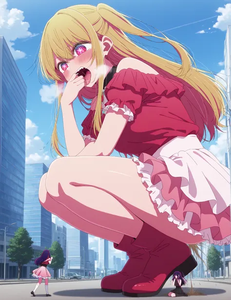 (masterpiece) ,best quality,amazing quality, 1girl, Ruby Hoshino, burping, Ruby sadistic and satisfied, in her idol clothes, Oshi No Ko, hot breathe  ruby hoshino has blonde hair, thicc thighs, thicc, long hair, adult, farting, giantess, farting on tiny pe...