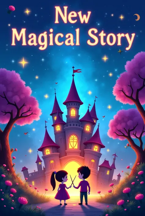 "A whimsical and colorful book cover for a ren's fantasy story titled 'New Magical Story'. The cover features a magical school called Sheriff with an enchanting castle at the center, surrounded by vibrant, glowing trees, and floating books. A sparkling sky...