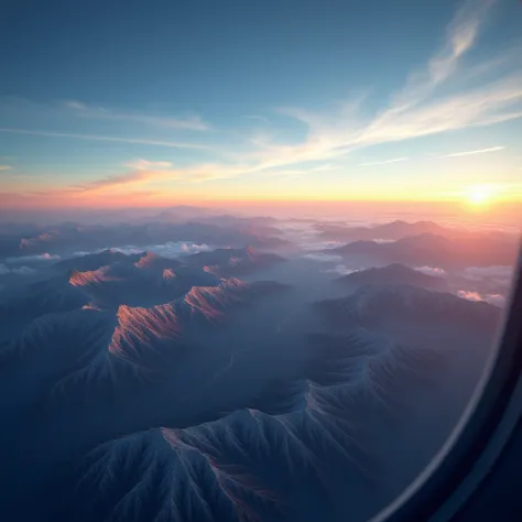 Aerial view of mountains and hills during golden sunset with blue skies and clouds from an airplane window