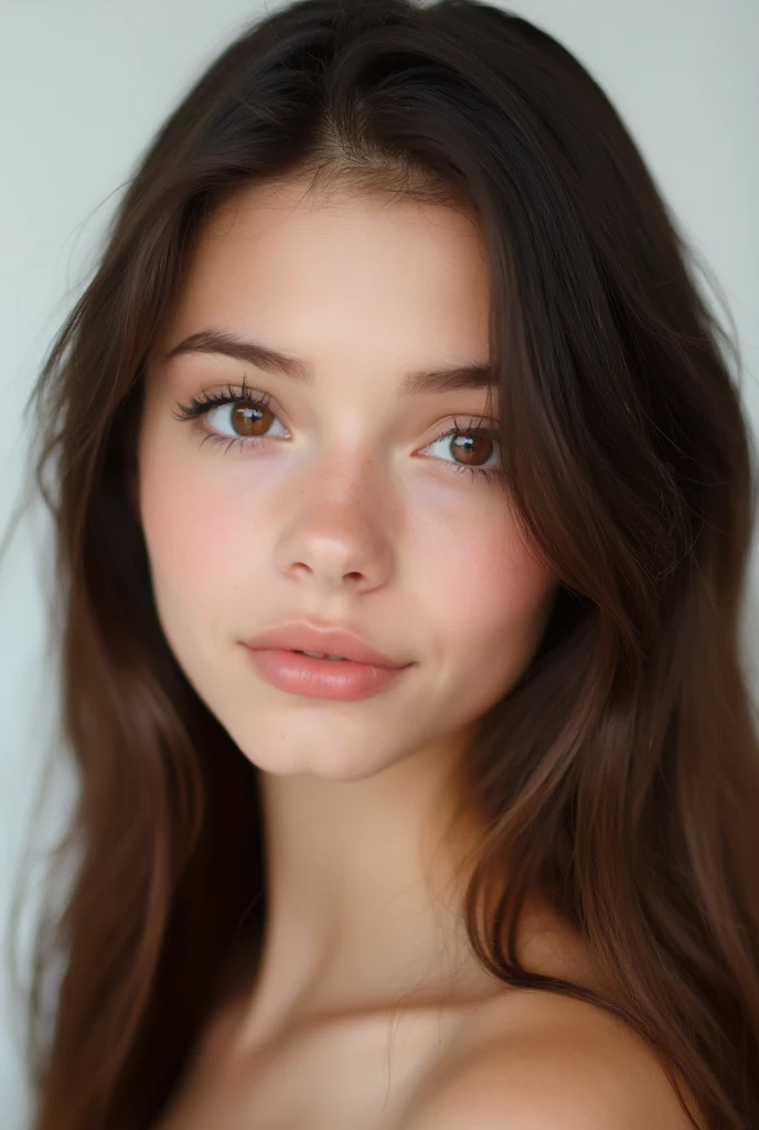 Ultra realistic photo portrait of a brunette with perfect straight and glossy long hair behind the ears, European, no makeup, extremely large and perfectly round-shaped eyes with solid black irises and pupils, no almond shape, extremely thick, bold, bushy,...