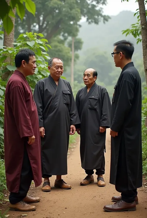 Pictures of 5 fortune-tellers (Male gender) standing talking in a rural village (fortune tellers dressed in traditional Vietnamese robes, wearing black glasses and wooden clogs ). There was a farmer leading the elephant close by.