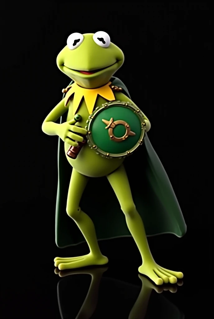 Accurate  、Full Body Photo from head to toe  、 Standing in their Full Height from head to toe  、Good Quality Photo   、Kermit the Frog 、 Refer to the image that I uploaded 、 Wearing a Green long coat 、Holding a green shield and green sword  、Green hoodie