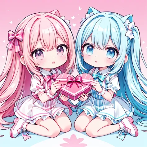  super high image quality、8k、16k、 super resolution on the floor、Ultra high detail、 Twin Sisters 、 long light blue hair 、 pink and white trainers、 pink eyes、aquamarine eyes、 Best Aesthetics 、Glowing Skin、 glitter effect、 simple background、 Valentine's Day {...