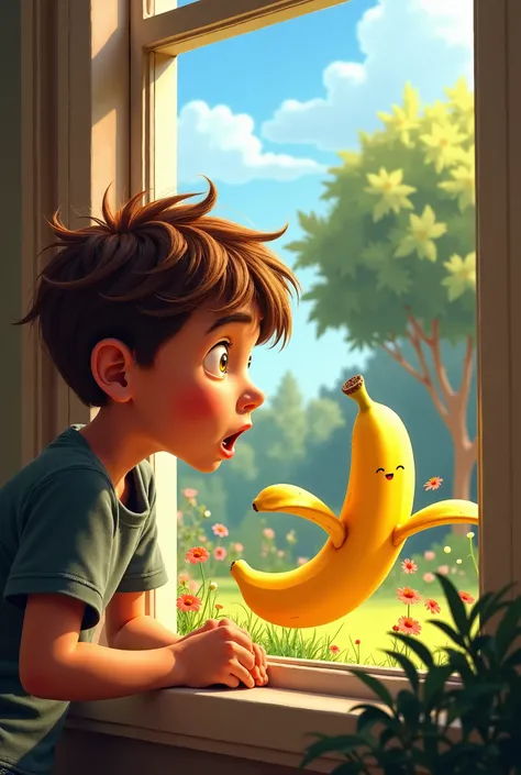 A boy with brown hair peering out of a window, his eyes wide in surprise. The outside garden is visible, with a small tree and flowers. A bright yellow banana bounces energetically across the yard.