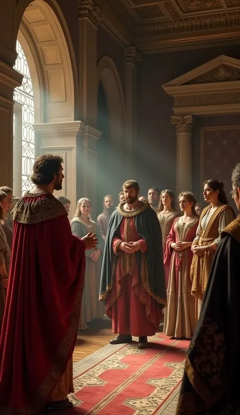 Inside the grand hall of the Spanish court, Christopher Columbus stands before King Ferdinand and Queen Isabella. He passionately presents his plan to sail westward to find a new trade route to Asia. The royals, dressed in rich garments, exchange glances b...