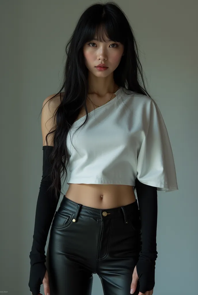 Korean  with long black hair with bangs wearing tight black leather jeans with a white oversized crop top and black compression sleeves with black fingerless gloves and black boot heels