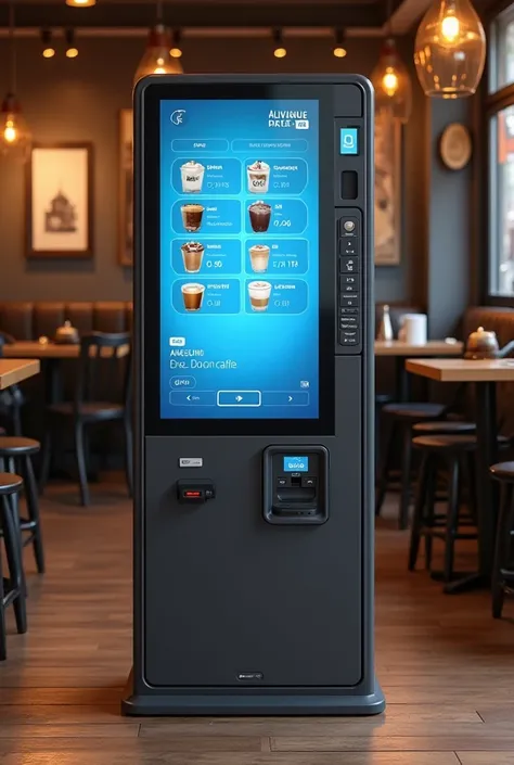 kiosque de payement self service dans les resta-cafés,  avec écran tactile 27 pouces , payement par carte , bil.selector , coin selector and coin returner , avec dimensions max 40×30×150cm
il affiche un menu de retau cafe sur l'écran avec couleur et disign...