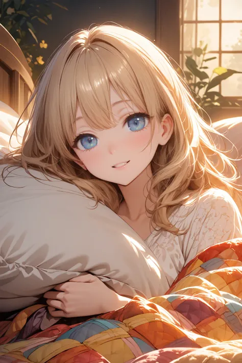 "An anime-style illustration of a stunning young woman lying in bed, mostly hidden beneath a soft, colorful quilted blanket with intricate patterns. Only half of her face is visible as she peeks out, her bright and playful smile adding a touch of warmth to...