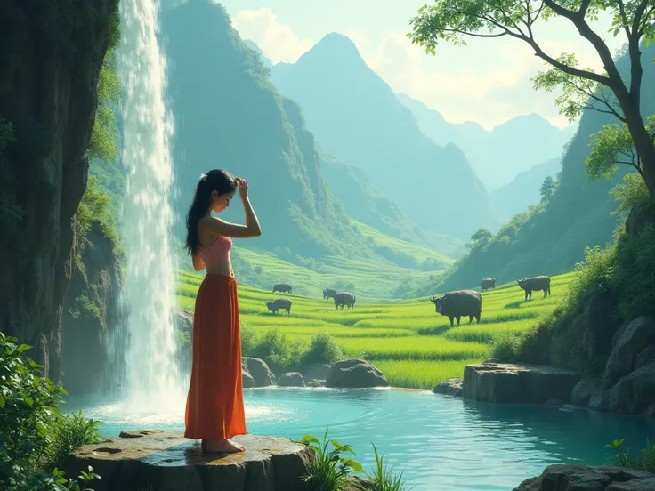 Vietnamese countryside scene with buffalo, field, The waterfall from the mountain has the village woman washing her hair