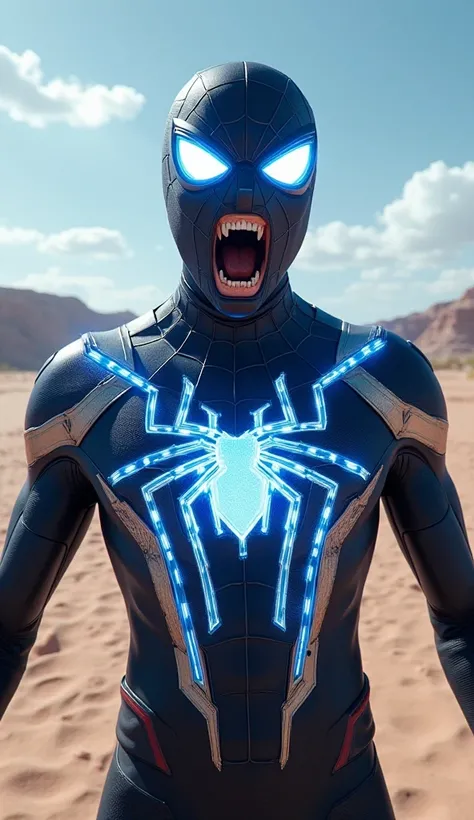 "Create an image of Spider-Man with a futuristic suit that includes a glowing energy core on the chest, emitting blue electrical sparks. The character should be in a desert landscape with a clear blue sky and some clouds. The eyes of the mask should be glo...