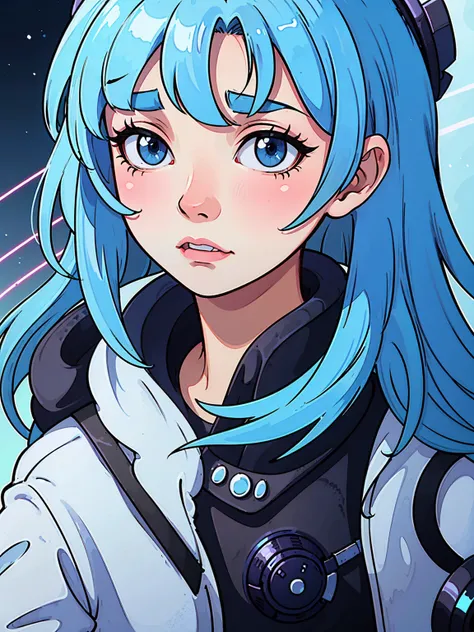 Lumi , 23 year old , sky blue hair, sky blue eyes, in a cyberpunk virtual world