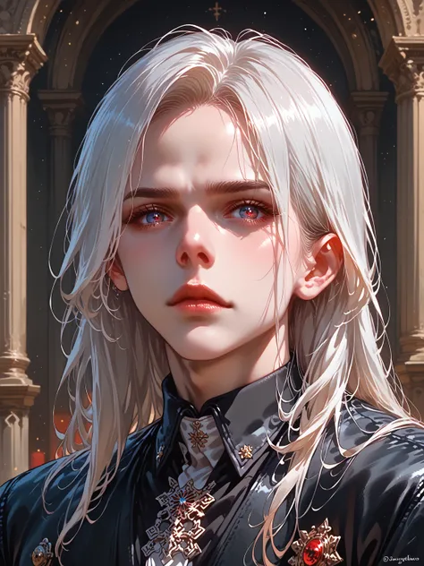 A semi-realistic anime-style man with a calm and composed expression. Age 27. He has short, sleek white hair, cool demeanor. His complexion is a healthy pale white, with warm undertones that contrast nicely with his dark features. His face is sharp and sym...