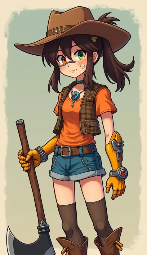 anime busty athletic tomboy brown cowgirl hat rough brown ponytail hair right eye covered by red orange yellow highlights green left eye band aid on nose blue fire charm necklace with ruby brown sleeveless western vest orange short sleeve plaid shirt gold ...