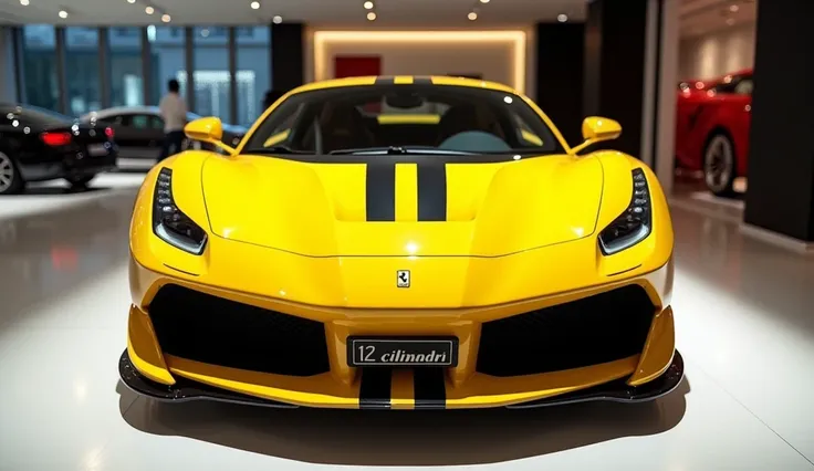  Color yellow 2025 Ferrari 12 cilindri front view plate number 12 cilindri in showroom 