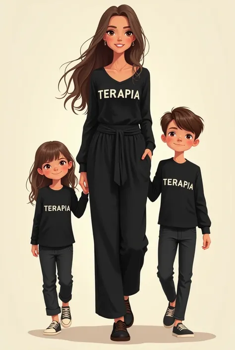 Create a cartoon of a beautiful young woman dressed in black with the tshert esceptio TERAPIA, with two ren, one on the right and the other on the left. The ren are a  girl and a  boy, walking together.