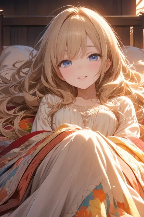 "An anime-style illustration of a stunning young woman lying in bed, mostly hidden beneath a soft, colorful quilted blanket with intricate patterns. Only half of her face is visible as she peeks out, her bright and playful smile adding a touch of warmth to...