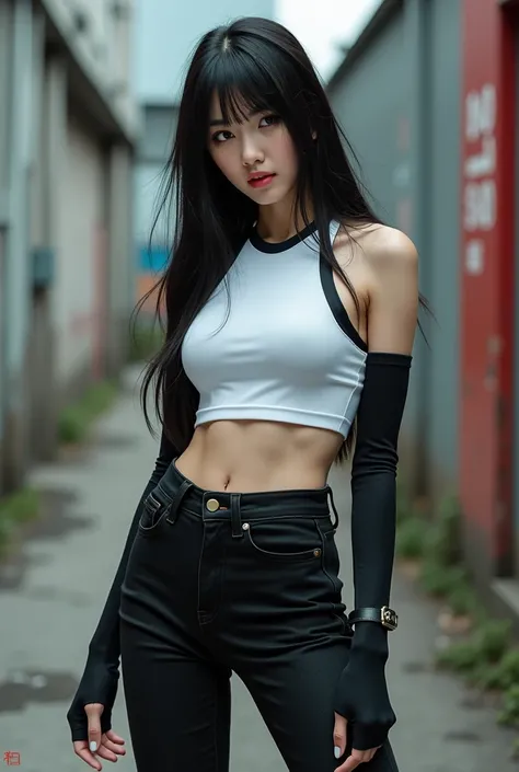 Korean  with long black hair with bangs wearing tight high waist black jeans with a white oversized crop top and black compression sleeves with black fingerless gloves and black boot heels