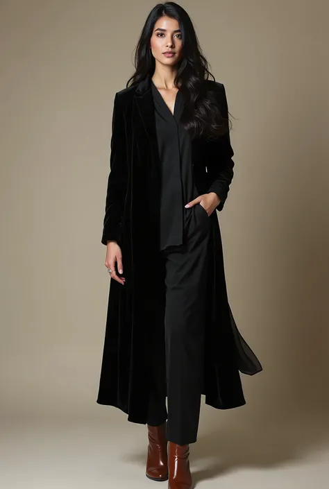 A Pakistan beautiful women cute white skin and Black hair and black kurta and black velvet jacket and Black velvet pant and brown boots full outfits standing women cutest high quality 8k uhd upscale realistic