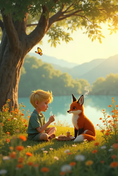  The main character from the book The Little Prince and his fox friend,  in realistic style, having breakfast in a beautiful place 