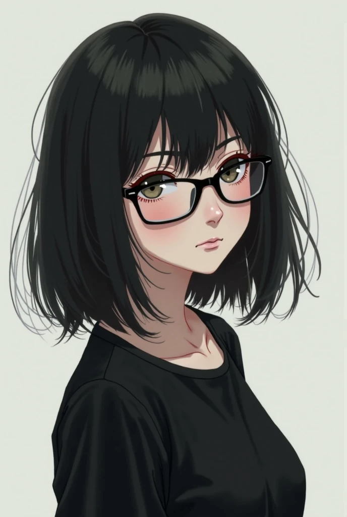 Female anime character wearing black-haired glasses,  a little messy ,  in black shirt 