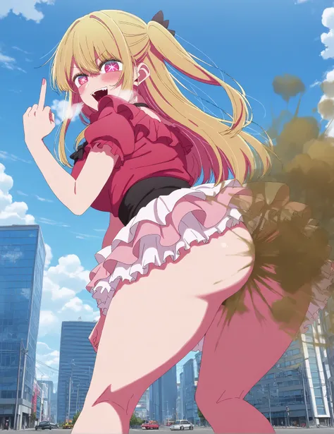 (masterpiece) ,best quality,amazing quality, 1girl, Ruby Hoshino, burping, Ruby sadistic and satisfied, in her idol clothes, Oshi No Ko, hot breathe  ruby hoshino has blonde hair, thicc thighs, thicc, long hair, adult, farting, giantess, farting on tiny pe...