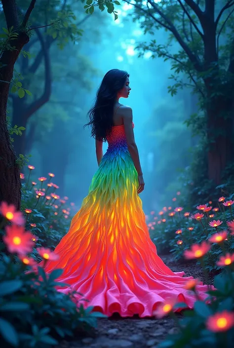 A beautiful woman in a vibrant paper dress, standing in a lush garden illuminated by a hidden, magical source, no sun visible, intricate details, 3D render"
"Paper art, woman, flowing dress, glowing flowers and leaves, mystical setting, bright, soft light ...