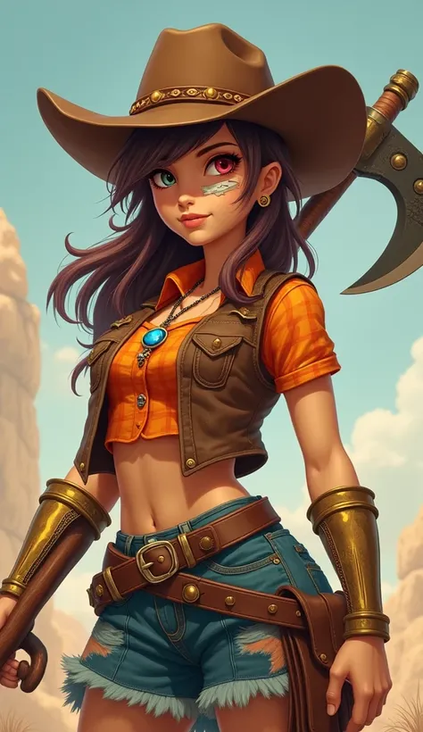 busty athletic tomboy cowgirl brown hat rough brown hair right eye covered by red orange yellow highlights green left eye band aid on nose blue fire charm necklace with ruby brown sleeveless western vest orange short sleeve plaid shirt gold robotic right f...