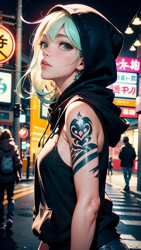 1人の girl, solo,  high resolution,  long hair,  brown skin,Full body tattoo,全身SutrasのようなTattoo, close-up,  blonde, Super long hair,  black plain tank top,Many Tattoos, 1 girl, solo,  tattoo, punk, black hoodie, jewelry, 1の girl,  girl, refer to, ring,  lip ...