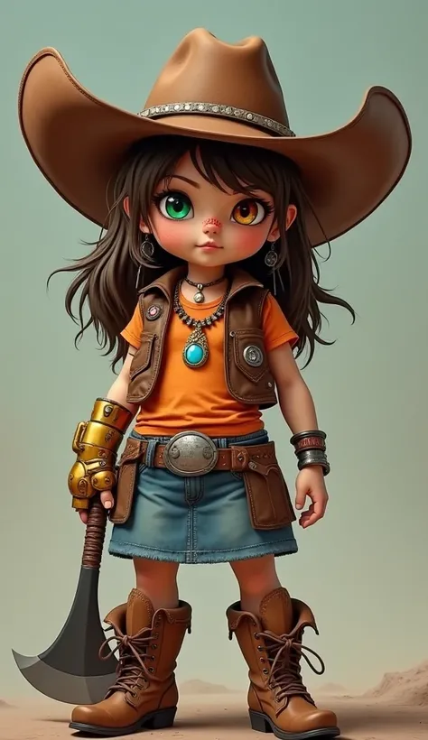 giant busty athletic tomboy cowgirl brown hat rough brown hair right eye covered by red orange yellow highlights green left eye band aid on nose blue fire charm necklace with ruby brown sleeveless western vest orange short sleeve plaid shirt gold robotic r...