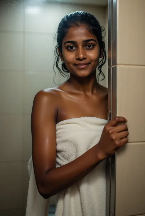 Realistic Photo Srilanka age girl From the school bathroom Showering Wear a Bath Towel All his body is wet from the shower water Closing the door of the School bathroom