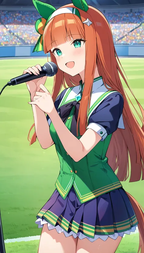 Score_9, Score_8_up, Score_7_up,  best quality, masterpiece,1girl, silence suzuka \(umamusume\), smile, holding mike, singing, Outdoor, stadium, audience, 