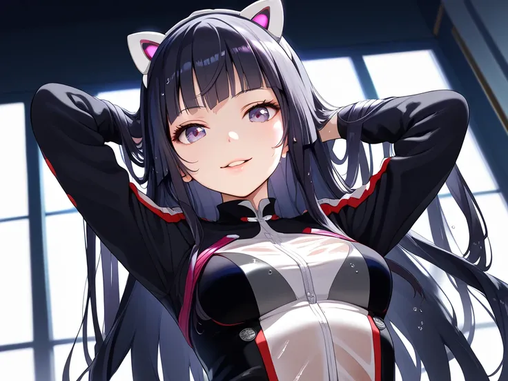 tsugumigc,aged вверх, age16, One, ( slim girl),  long hair,  black hair, hime haircut ,  purple eyes ,  fake animal ears ,  hairband , TsugumiSuit ,  two-tone suit ,  shiny suit,  black jumpsuit ,  grey combat suit ,  neon finish , (  easy smile,  sexual m...