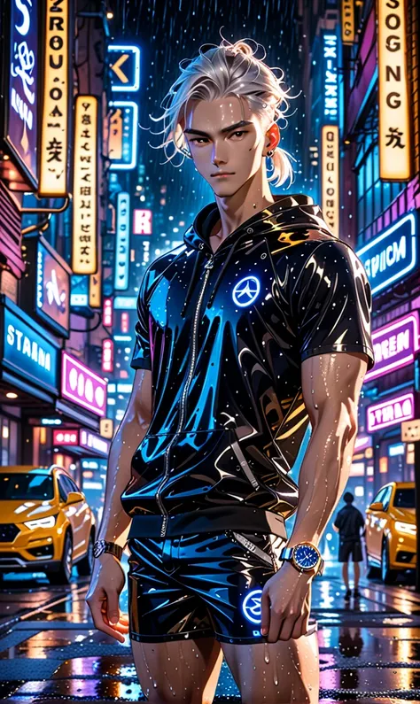 A 22-year-old man with white hair styled in a short ponytail, athletic build with strong legs and a V-shaped torso. He is sans outerwear and poses. Among his jewelry is a platinum watch with a sapphire dial that shimmers in the light. In the background, ci...