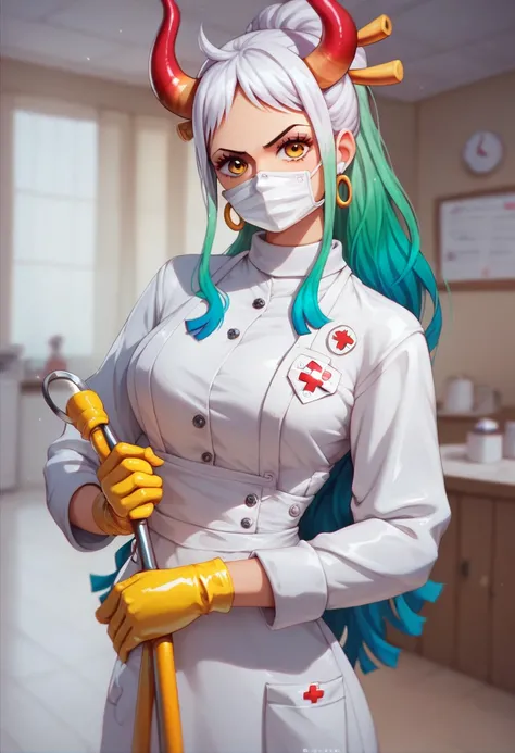 One piece,  yamato, ((yellow extra long medical latex gloves)), (white paramedic suit ), ((long sleeves)),   Looking at the viewer , standing, One,  medical mask , rubber medical apron