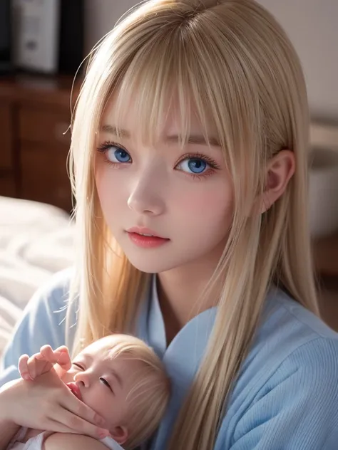 究極の絶世の blonde美少女、8K,  top quality,  Mastepice:1.2), (Realism,  photorealistic:1.37),  top quality,  Mastepice, Beautiful young age girl with a baby face, Pensive expression, Very bright light blue big eyes in gentle, shining beautifully and incredibly brig...