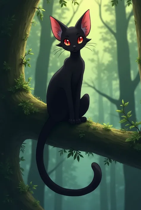  anime style. A black cat with red eyes sitting on a branch in the forest and waving its hanging tail.  The ears are shaped like a butterfly'. The face does not stand out. The physique is thin and slim. Long tail