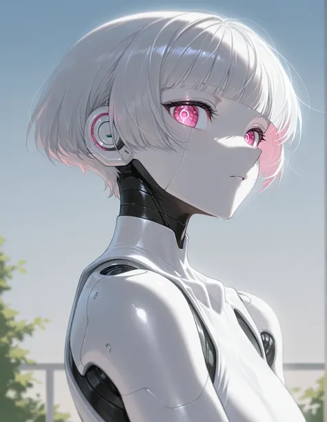 masterpiece, best quality, extremely detailed,8k portrait, Anime japanese android boy , ,control panels,robot arms,robot,android,cyborg,white robot body,blunt bangs,robot repair plant, sleeveless suit, sexy, short haired, all body 