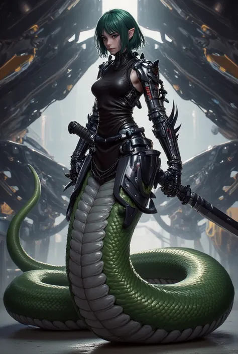  Photo of a realistic lamia girl .  green hair. Upper body — cute beautiful girl, lower body - a green snake .  Wears a black tank top over a cybernetic combat suit,  slim body.  Natural short black hair of light crevice color , pointed ears,  medium chest...