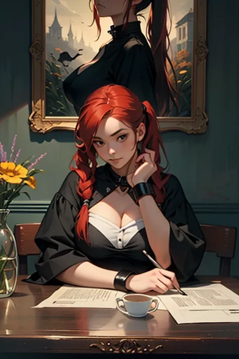 Oil painting is a pictorial portrait in a style reminiscent of magical realism. In the center of the painting is a beautiful big breast young woman with red hair gathered in two pigtails. She is dressed in a black dress with a white collar and cuffs. The g...