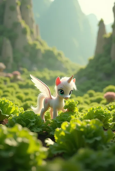 Miniature Pegasus pony farmer harvesting lettuce fields in giant salad bowl style.