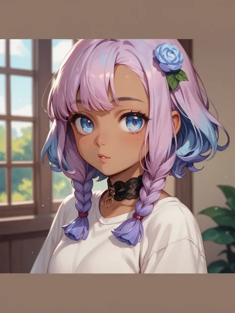 Little dark-skinned girl with lilac hair and lilac eyes Anya Forger anime style 

Lilac-colored hair